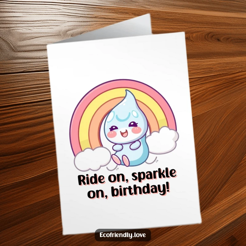 Funny Free Printable Birthday Card: Gleeful dewdrop character slides down a rainbow, radiating pure, unadulterated joy and birthday cheer.