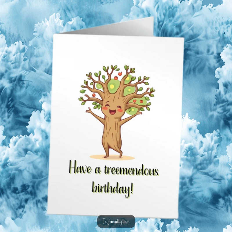 Funny Free Printable Tree Birthday Card: Happy tree character dancing with branches outstretched, celebrating a birthday with joy.
