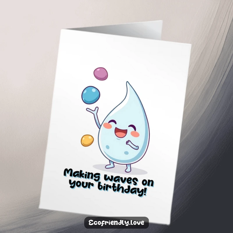 Funny Free Printable Birthday Card: A water droplet character excitedly juggling three colorful pebbles with a big, happy smile.