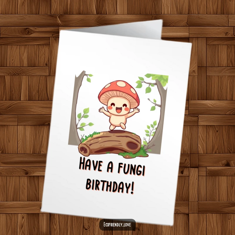 Funny Free Printable Birthday Card: Happy mushroom character with a wide grin, joyfully bouncing on a mossy log.