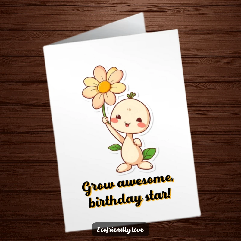 Cute Free Printable Birthday Card: A small green seedling character proudly holding up a vibrant blooming flower, symbolizing growth.