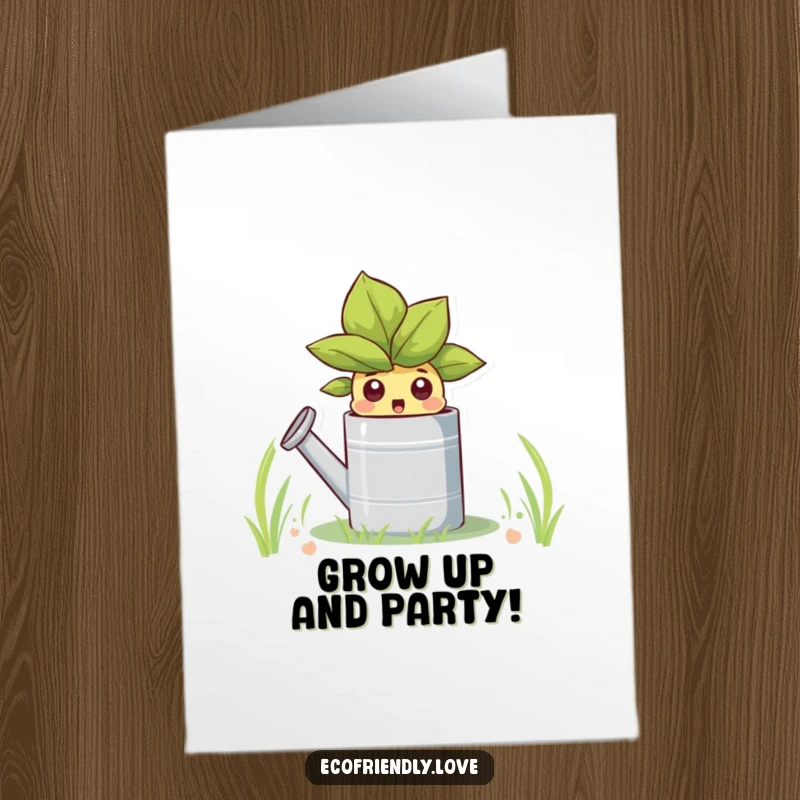 Funny Free Printable Birthday Card: A sprout character with wide eyes peeking surprisingly from a watering can, ready to celebrate.