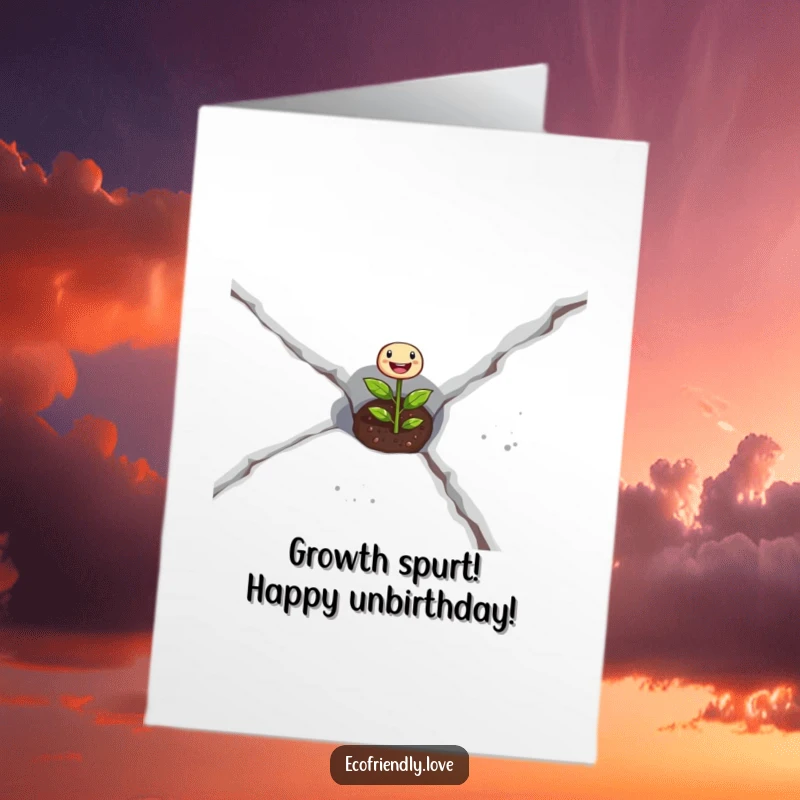 Funny Free Printable Birthday Card: Determined seedling cracking concrete with cheerful effort, perfect for a humorous greeting.