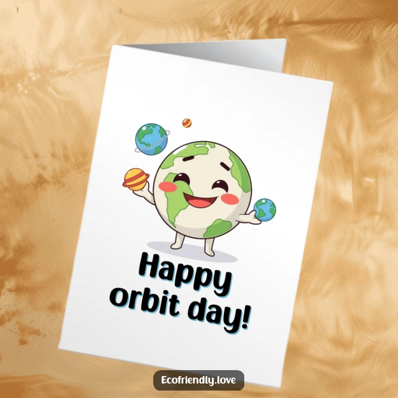 Funny Free Printable Birthday Card: A goofy kawaii Earth character gleefully juggles three small, colorful planets.