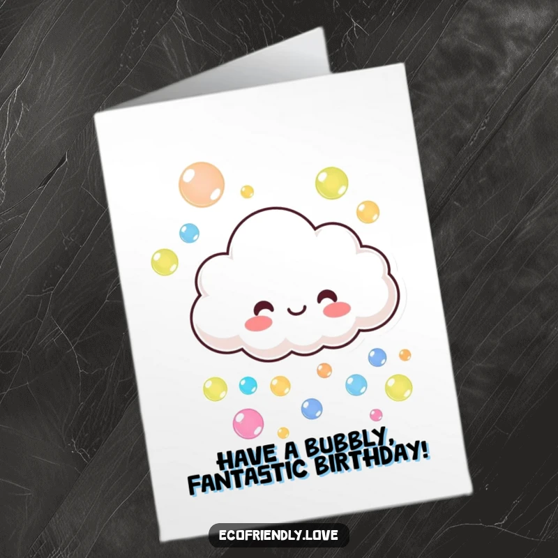 Funny Free Printable Birthday Card: A smiling cloud playfully raining colorful bubbles, celebrating joyfully.