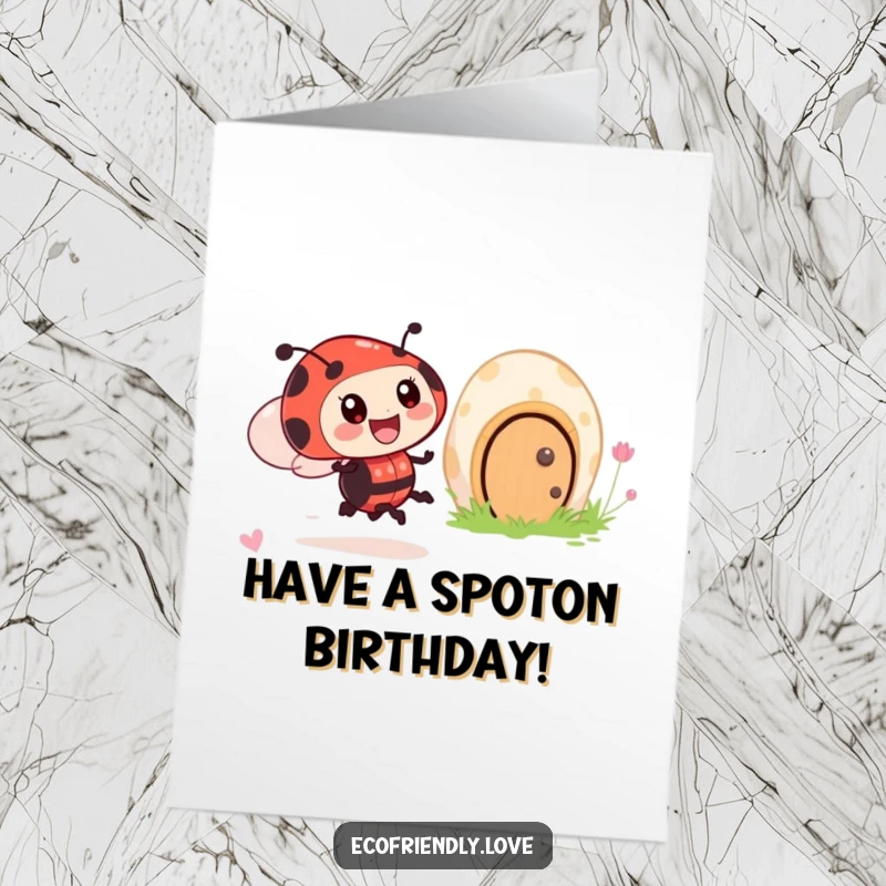 Funny Free Printable Birthday Card: An excited ladybug zooms past a smiling mushroom house, celebrating a special day.