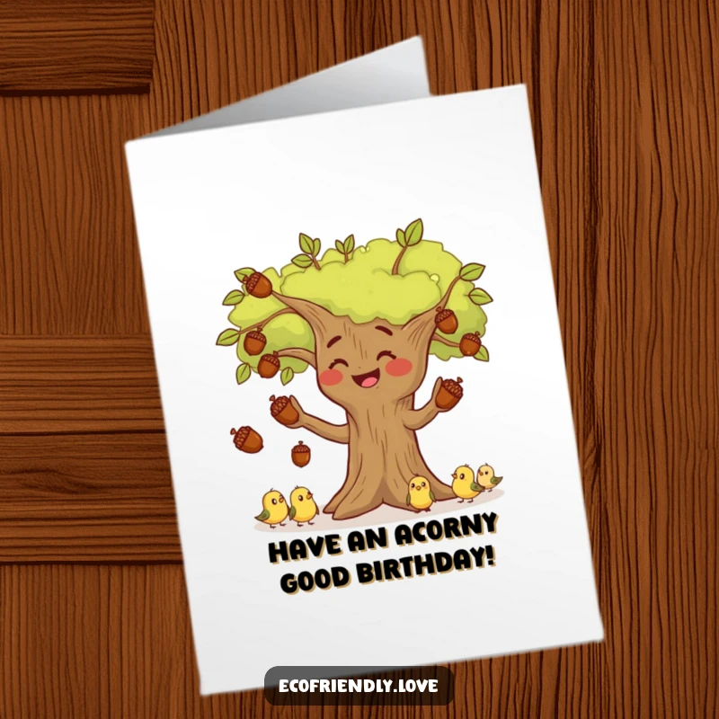 Funny Free Printable Birthday Card: Smiling tree character skillfully juggling acorns for tiny bird audience.