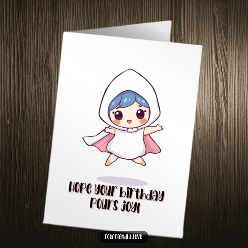 Funny Free Printable Birthday Card: A playful raindrop in a cape leaping mid-air, celebrating a birthday with energetic fun.