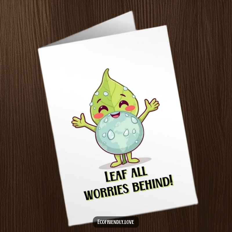 Funny Free Printable Birthday Card of a smiling leaf character with arms outstretched embracing a globe covered in dew drops.