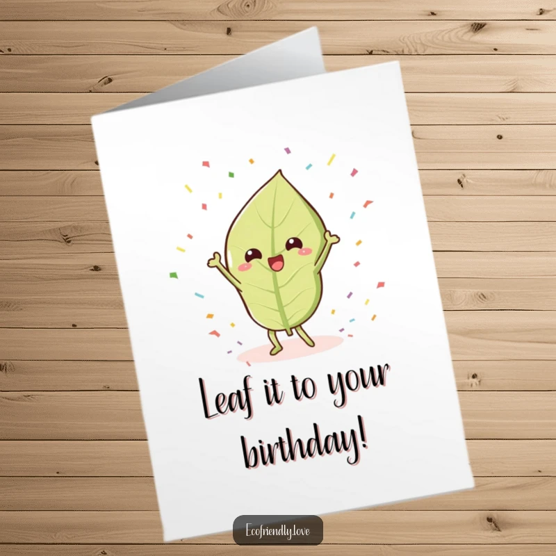 Funny Free Printable Birthday Card: a kawaii leaf doing a lively victory dance surrounded by colorful confetti, radiating pure joy.