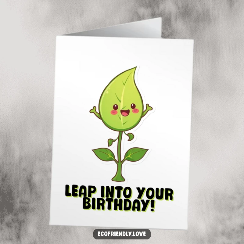 Funny Free Printable Leaf Birthday Card: A happy leaf leaping over a sprout, symbolizing growth and celebration.