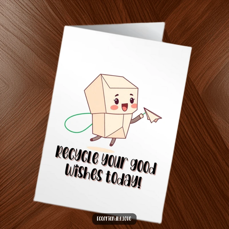 Funny Free Printable Birthday Card: Cute recycled character gleefully throws a green-trail paper airplane, spreading cheer.