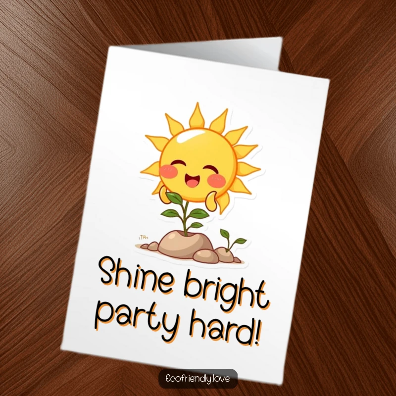 Funny Free Printable Birthday Card: A cheerful sun character giggling while showering a happy plant with warm, golden light beams.