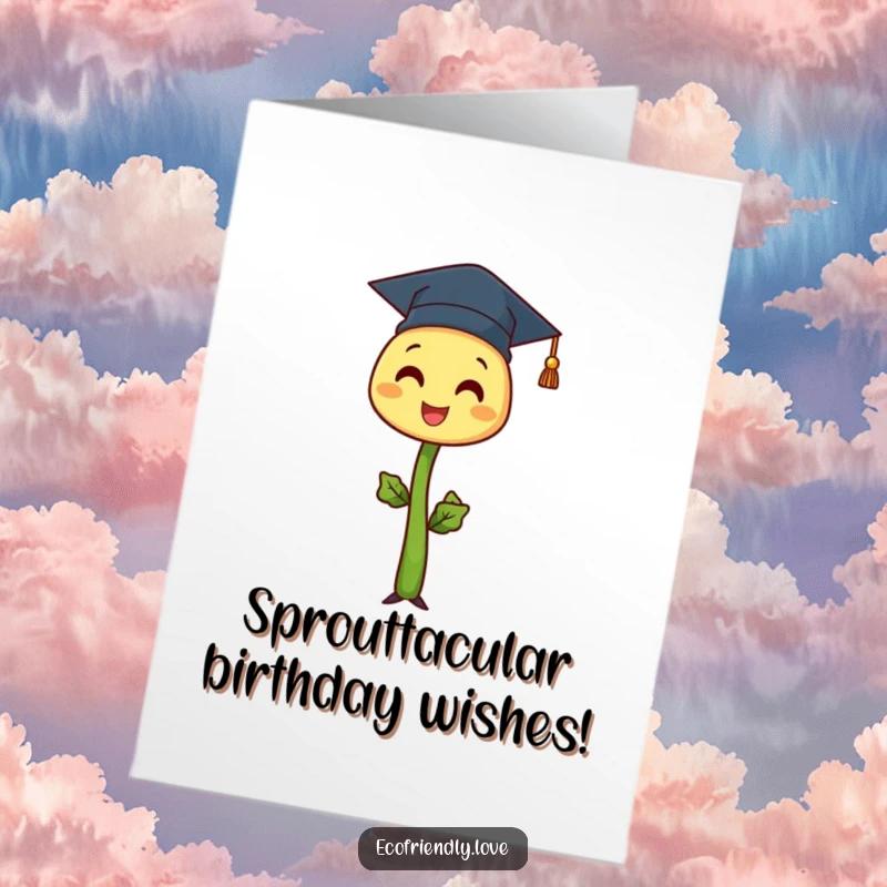 Funny Free Printable Birthday Card: Proud sprout character in a graduation cap celebrating a birthday.