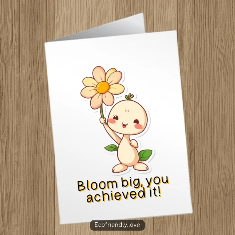 Cute Free Printable Congratulations Card: A happy seedling character proudly holding a colorful blooming flower, celebrating achievement.