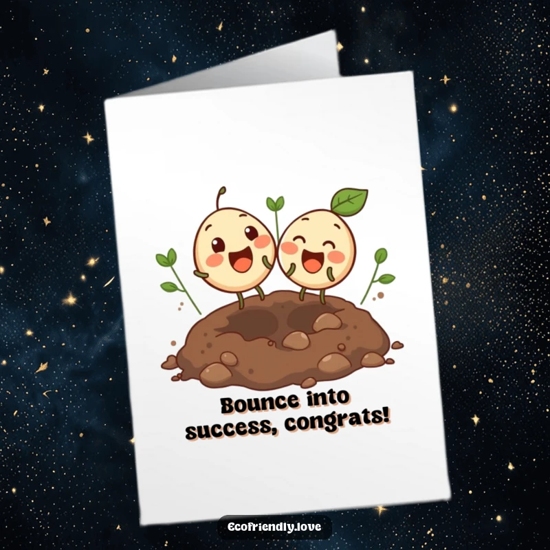 Funny Free Printable Congratulations Card: Two round seeds are bouncing excitedly in soil, full of congratulations.