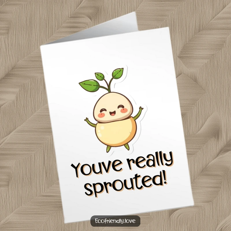 Funny Free Printable Congratulations Card: Seedling character bursting open, celebrating success with a sprout and a cheerful smile.