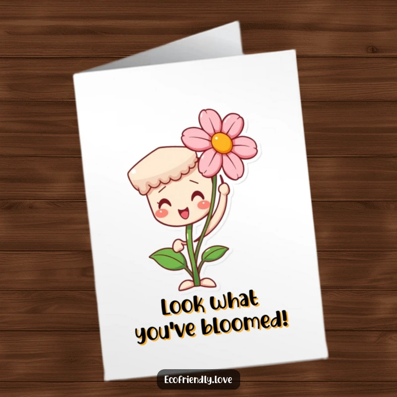 Funny Free Printable Congratulations Card featuring a proud seedling character holding up a vibrant, blooming flower, celebrating success.