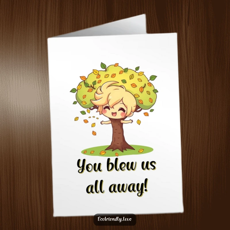 Funny Free Printable Congrats Card: A playful wind character blows leaves around a cheerful tree, celebrating success.