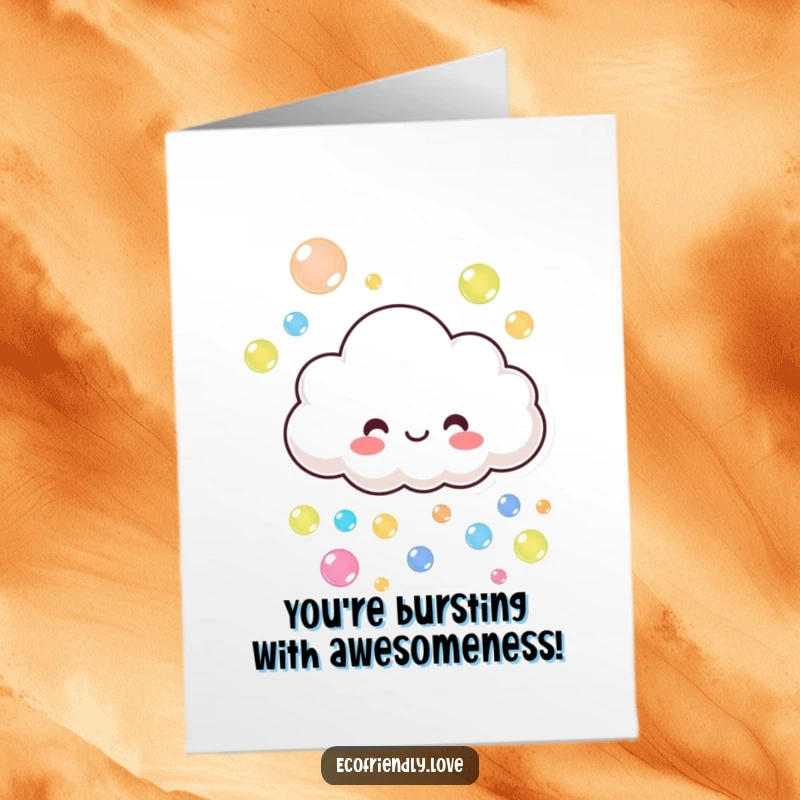 Funny Free Printable Congratulations Card: A smiling cloud showering colorful bubbles, congratulating success.