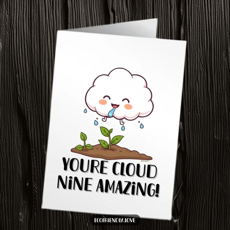 Funny Free Printable Congratulations Card featuring a giggling fluffy cloud sprinkling water onto a growing plant.