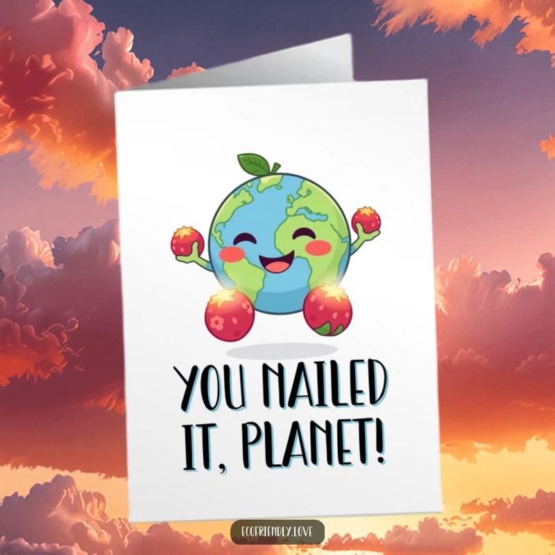 Funny Free Printable Congratulations Card: Cheerful round Planet Earth expertly juggles three glowing berries.