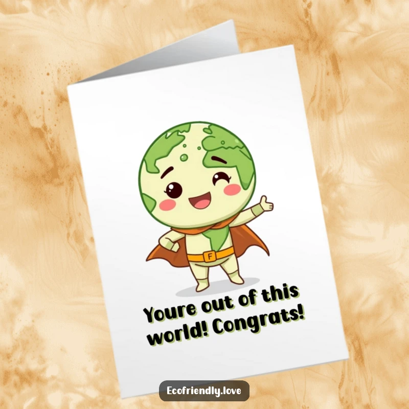 Funny Free Printable Congrats Card: Grinning earth character in a superhero pose with a flowing cape.