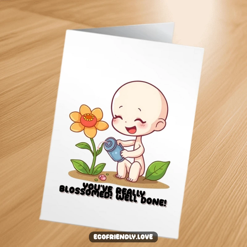 Funny Free Printable Congratulations Card: A tiny giggling sprout tending to a wilting flower, symbolizing care.