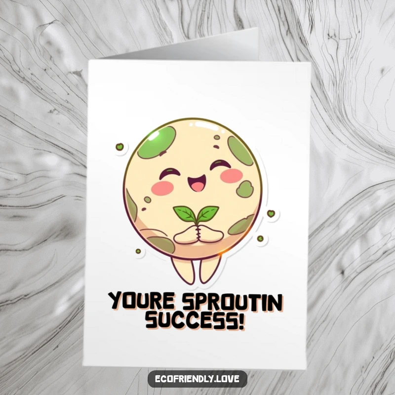 Funny Free Printable Congratulations Card: A delighted planet character proudly holds a seedling, symbolizing new growth and success.