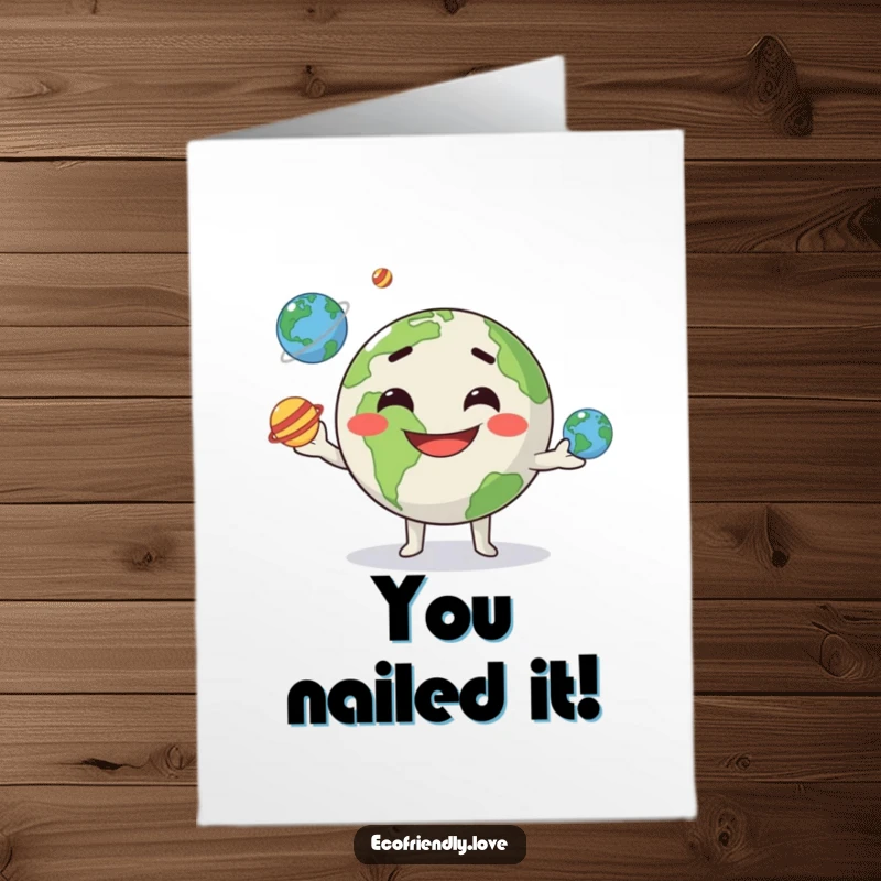 Funny Free Printable Congrats Card: Kawaii Earth with a wide grin juggles three tiny planets in a funny cosmic display.