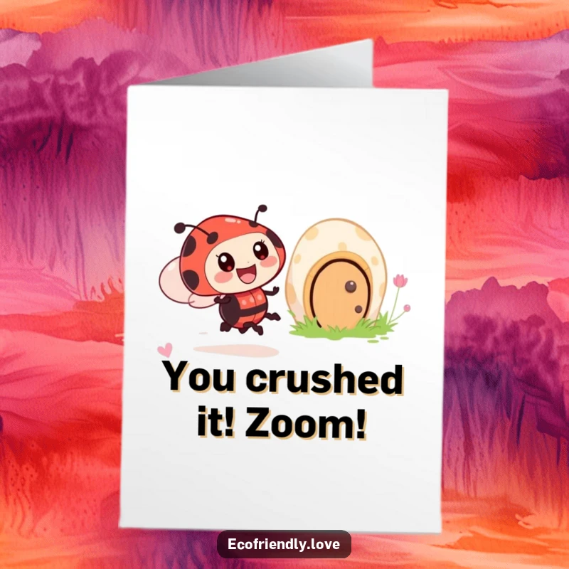 Funny Free Printable Congrats Card: An excited ladybug speeds by a welcoming, smiling mushroom house, celebrating a win.