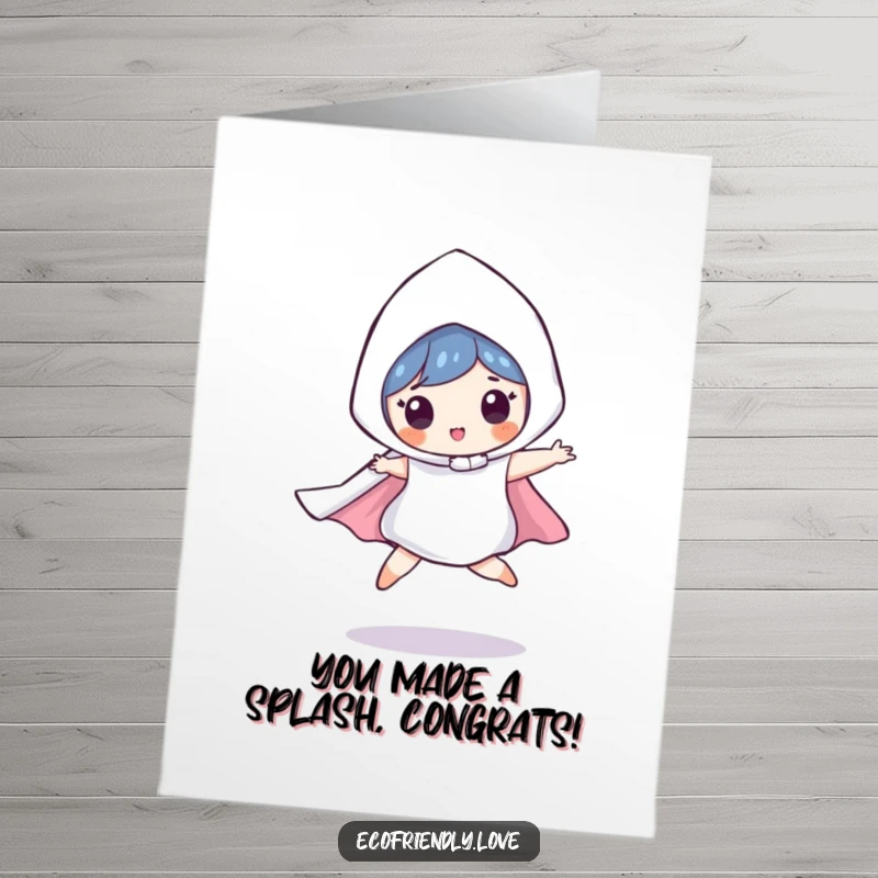 Funny Free Printable Congrats Card: A playful raindrop character with a cape, captured mid-leap in a celebratory pose for congratulations.