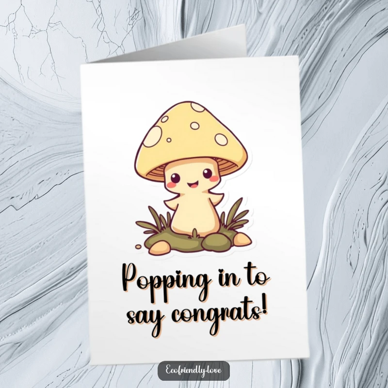 Funny Free Printable Congratulations Card depicting a mischievous mushroom character popping up energetically to celebrate an event.