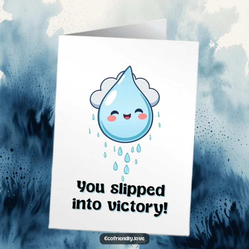 Funny Free Printable Congratulations Card: Water droplet character gleefully sliding down a rain cloud, cheerful and humorous downloadable greeting.
