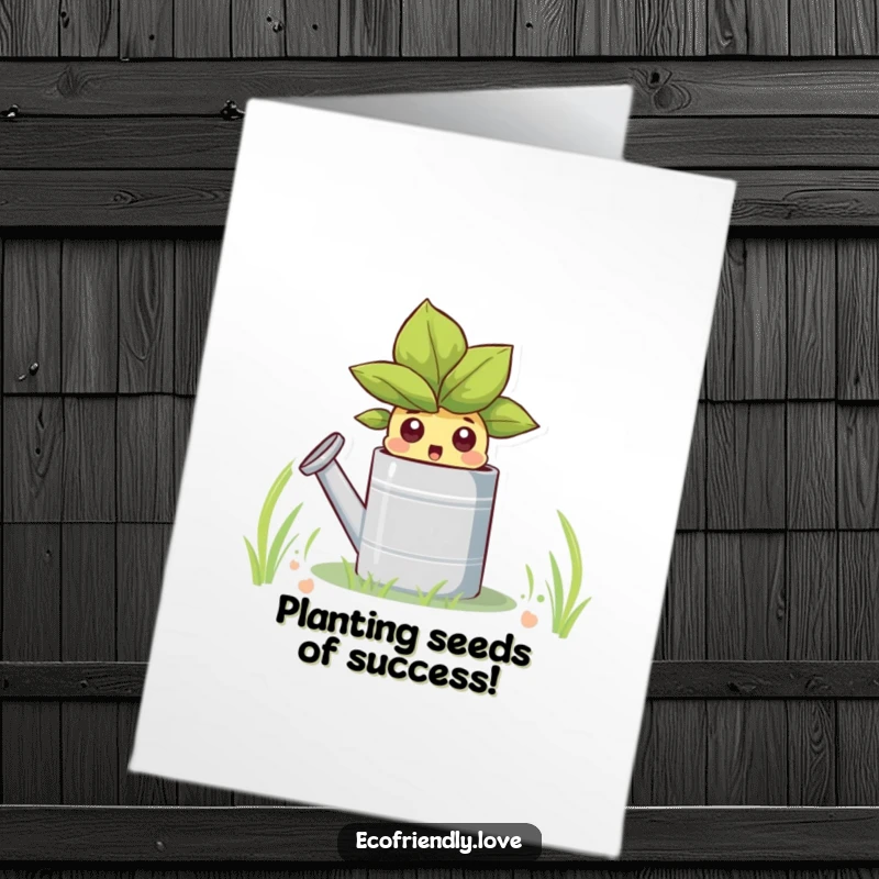 Funny Free Printable Congratulations Card: A tiny sprout peeking from a watering can with a look of surprise, ideal for celebrations.