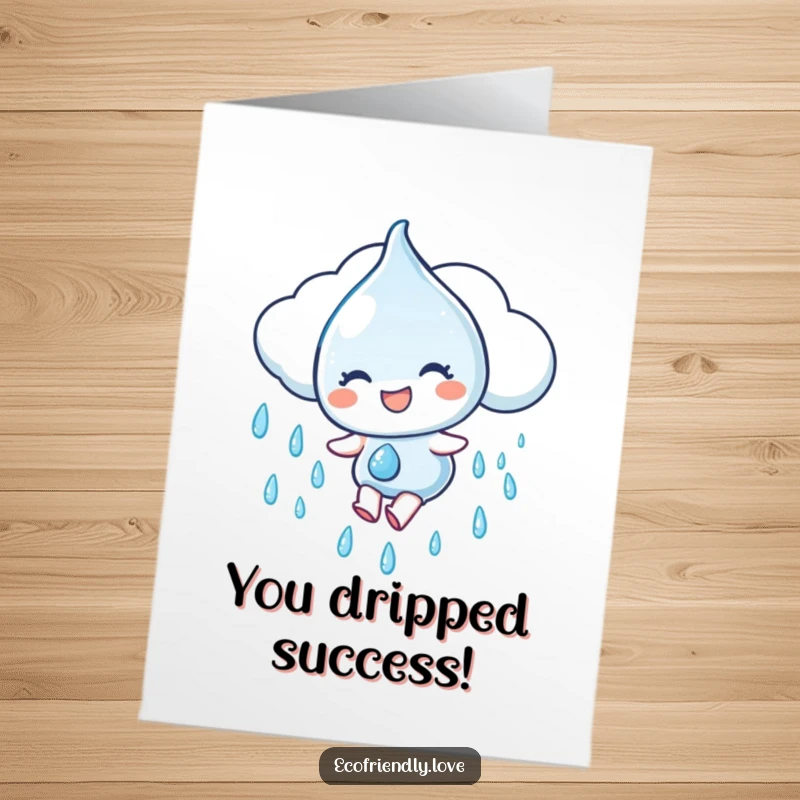 Funny Free Printable Congratulations Card showing a water droplet character gleefully sliding down a rain cloud, celebrating success with delight.