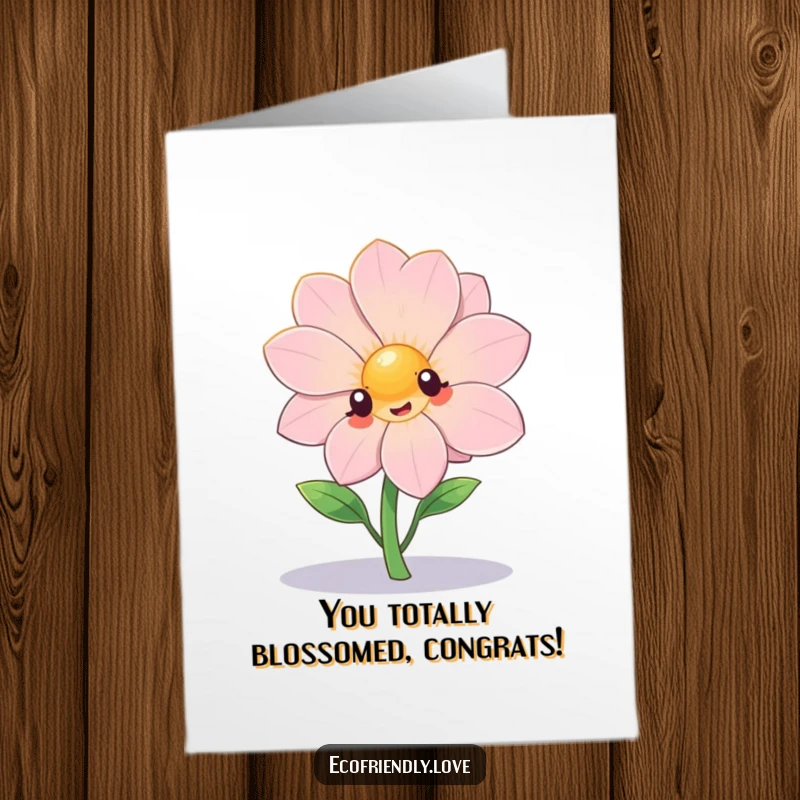 Free Printable Congratulations Card: Kawaii Flower Posing Dramatically, Spotlight Ready, Humorous DIY Gift.