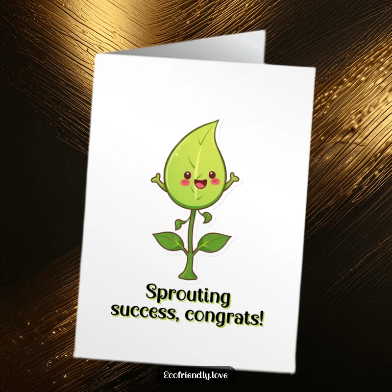 Funny Free Printable Leaf Congratulations Card: A happy leaf leaping over a sprout, representing new growth and achievement.