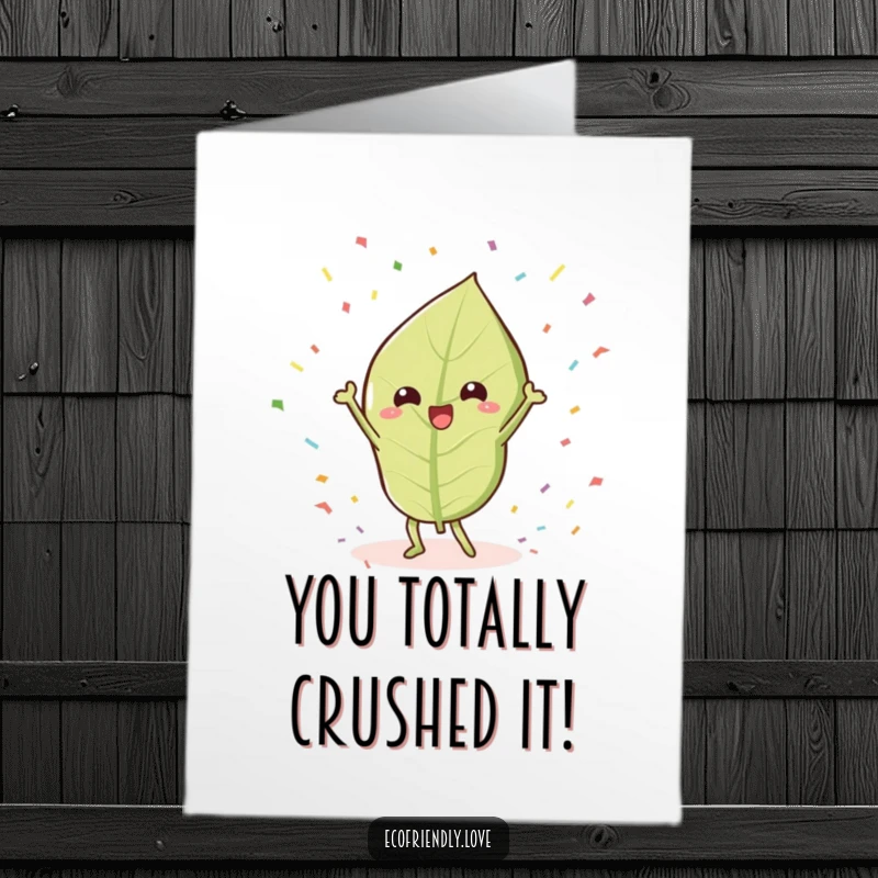 Funny Free Printable Congratulations Card: a kawaii leaf enthusiastically performing a victory dance amidst a shower of confetti.