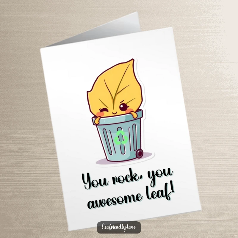 Funny Free Printable Congratulations Card: A mischievous leaf character winking mischievously from behind a recycling bin, celebrating success.