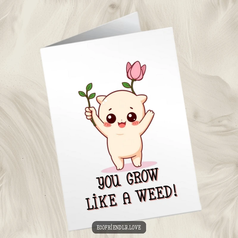 Free Printable Congratulations Card: Kawaii Character with Funny Wilting Plant, Triumph DIY Gift.