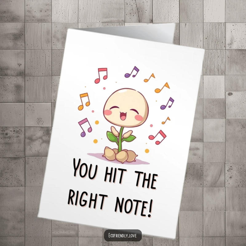 Funny Free Printable Congratulations Card: A seedling joyfully singing with musical notes surrounding it.