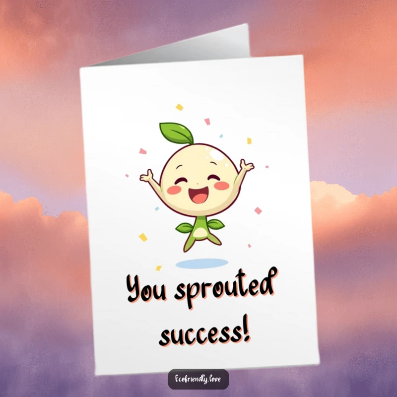 Funny Free Printable Congratulations Card showing a gleeful sprout character mid-air with celebratory confetti.