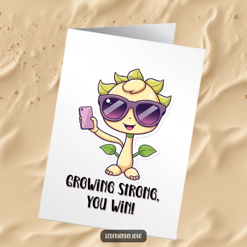 Funny Free Printable Congratulations Card: a kawaii sprout showing off its cool style by taking a selfie in oversized sunglasses.