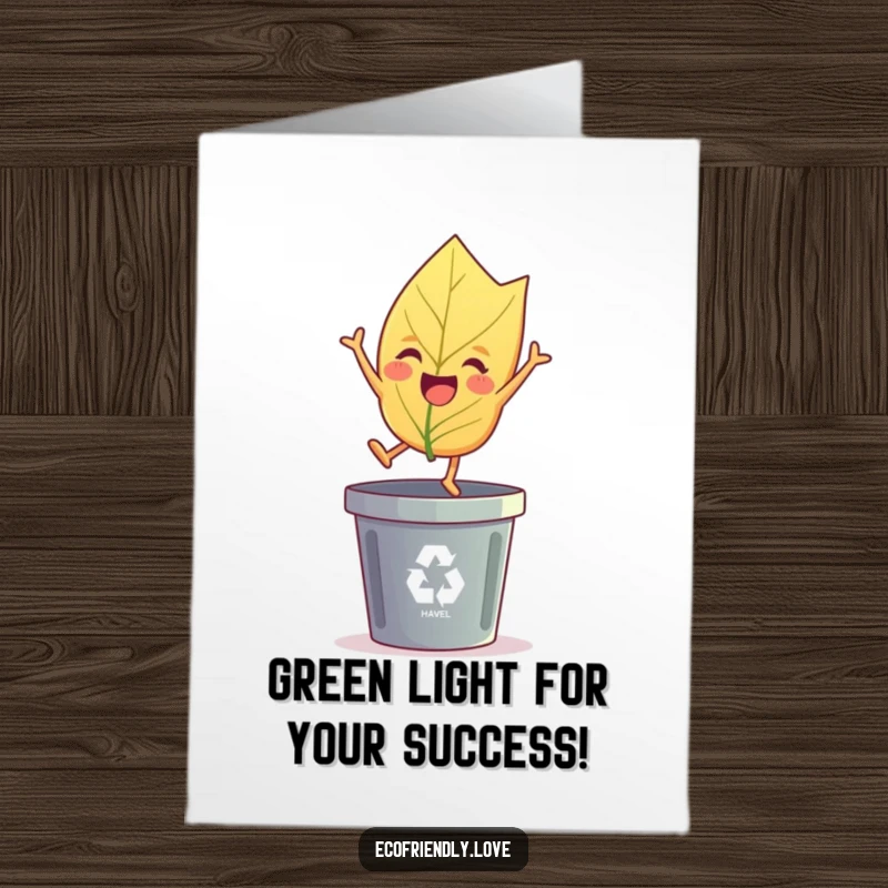 Funny Free Printable Congratulations Card: A happy leaf character making a big jump over a recycling bin in celebration.
