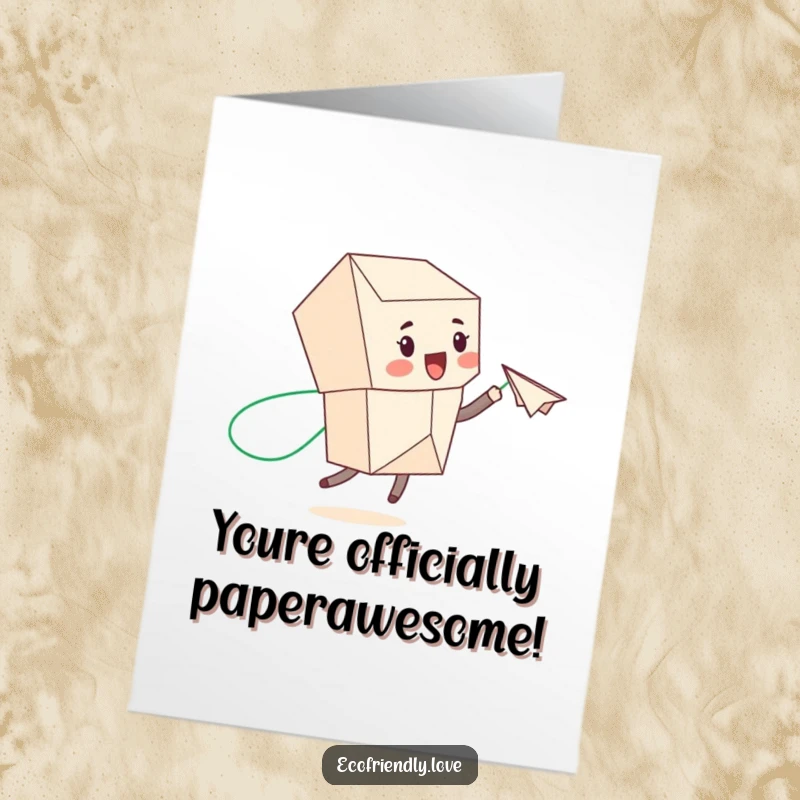 Funny Free Printable Congratulations Card: Adorable recycled character pilots a paper airplane, symbolizing achievement with a green trail.