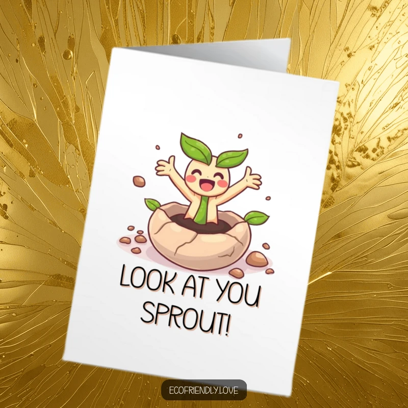 Funny Free Printable Congratulations Card: A tiny sprout character bursting joyfully from a seed, arms flung wide in happy surprise.