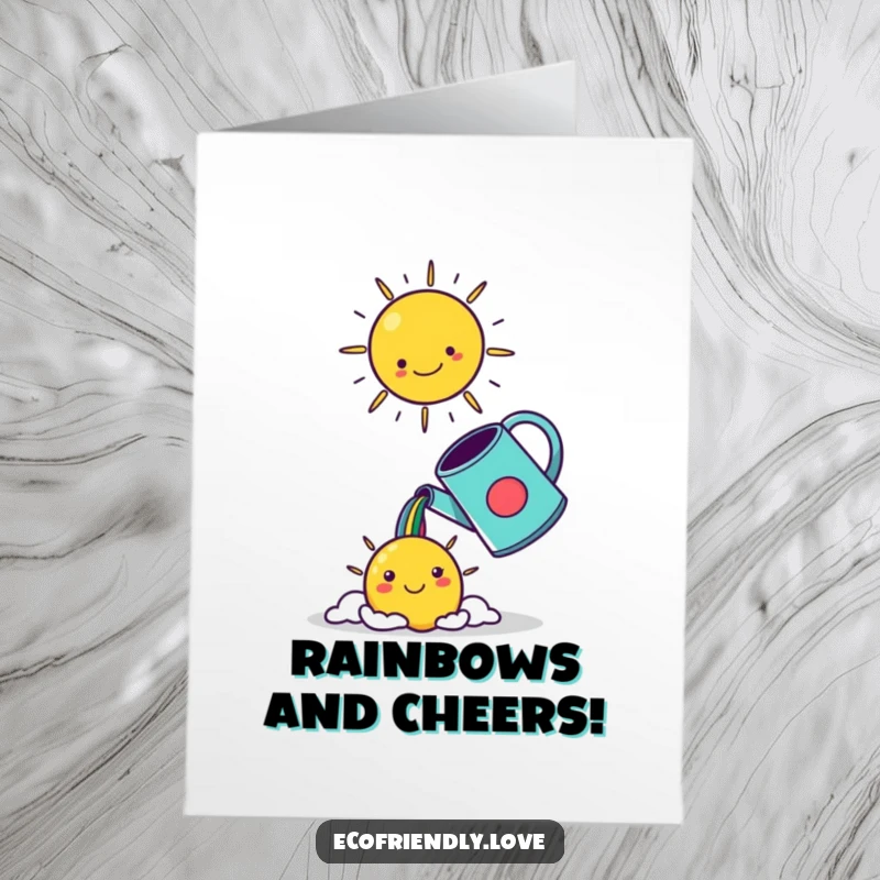 Funny Free Printable Congrats Card: Kawaii watering can showering a rainbow towards a radiating, happy cartoon sun.