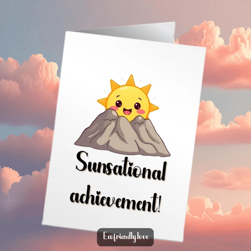 Funny Free Printable Congrats Card: Sun character peeking from behind a mountain, celebrating success.