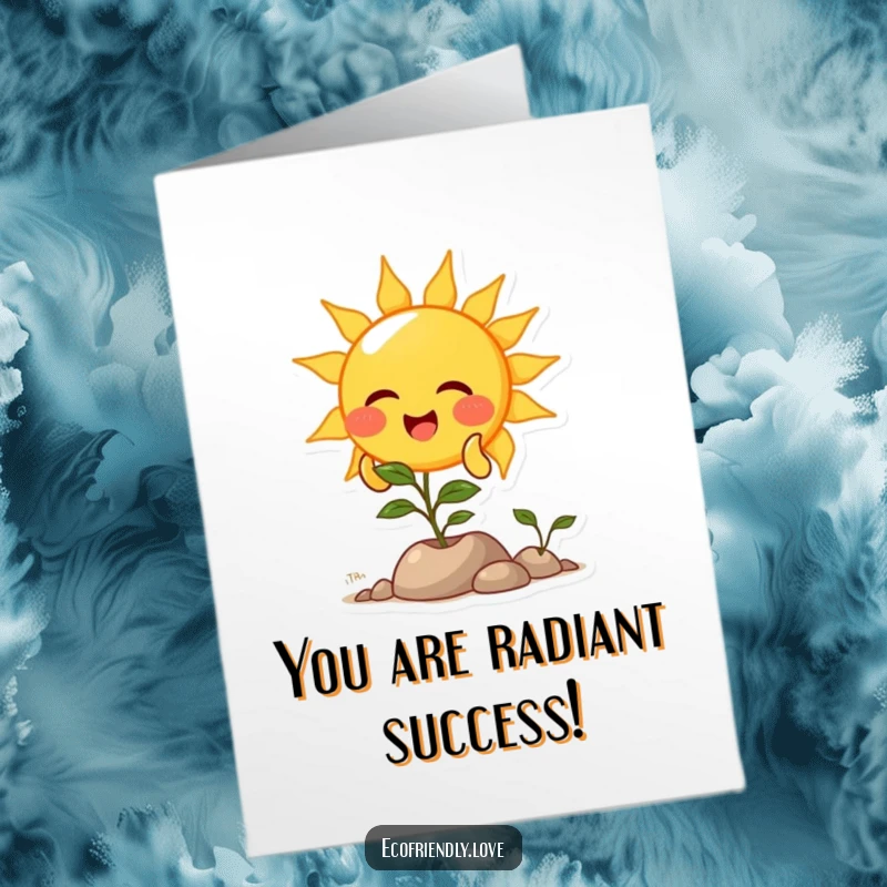Funny Free Printable Congratulations Card: A beaming, giggling sun showering a small plant with bright light, celebrating achievements.